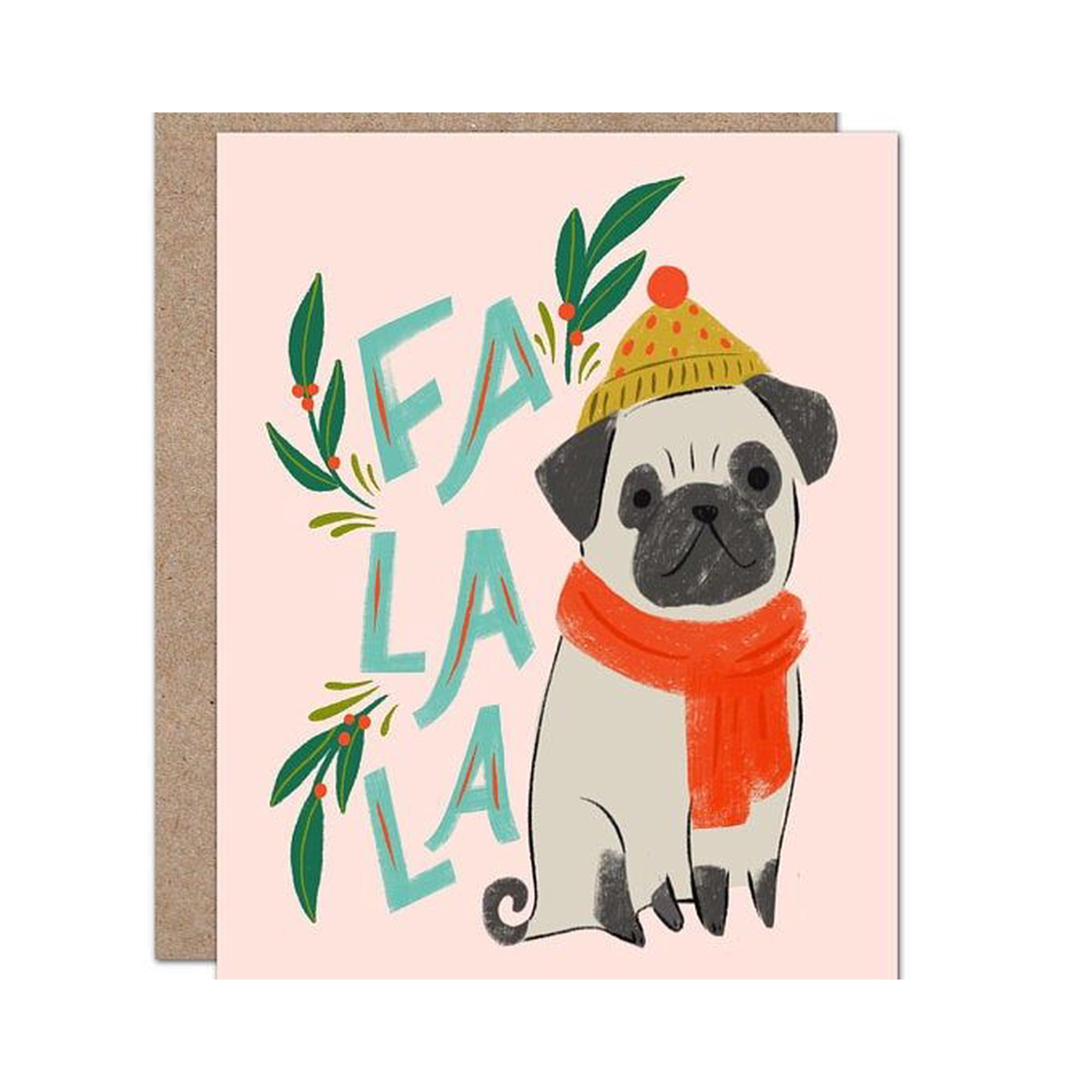 Cute Pug Holiday Card – “FA LA LA” Design with Cheerful Pug in Winter Gear – Blank Inside Envelope Included – Perfect for Christmas Greetings and Pet Lovers