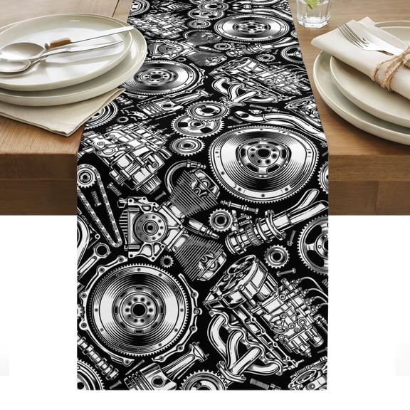 Vintage Car Table Runner Automobile Car Parts Engine Print Black Tablerunners 16 x 72 Inch, Table Decorations Tabletop Scarf for Summer Gathering Holiday Farmhouse Kitchen Dining Decor