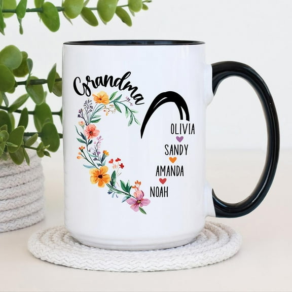 Grandma Heart Coffee Mug Personalized Grandkids Name Mug, Floral Grandma Gift Cup