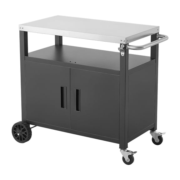 KFFKFF Outdoor Grill Cart with Storage Cabinet, 36.4-Inch Movable Table, Weather-Resistant Kitchen Island with Stainless Steel Surface, Shelving, and Wheels, Portable Food Prep Station for Patio