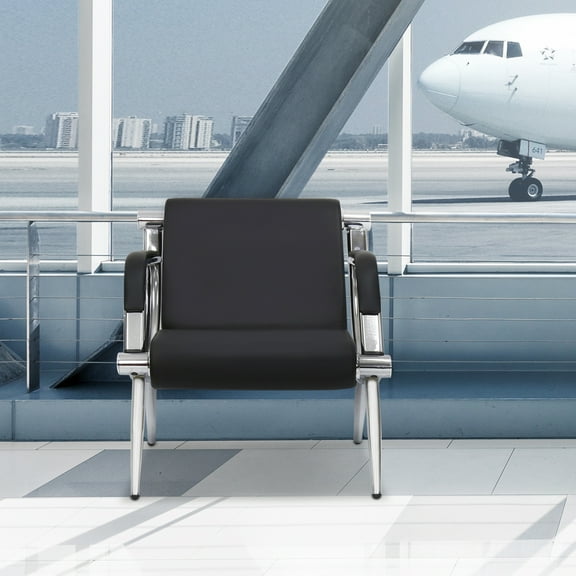 Kinbor PU Leather Office Guest Reception Bench Waiting Room Chairs Black Steel