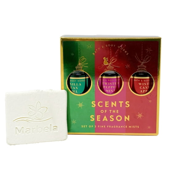 Bath & Body Works Scents of the Season Mini Gift Box Set of 3 Fragrance Mists Travel Size With a Natural Oats Sample Soap.