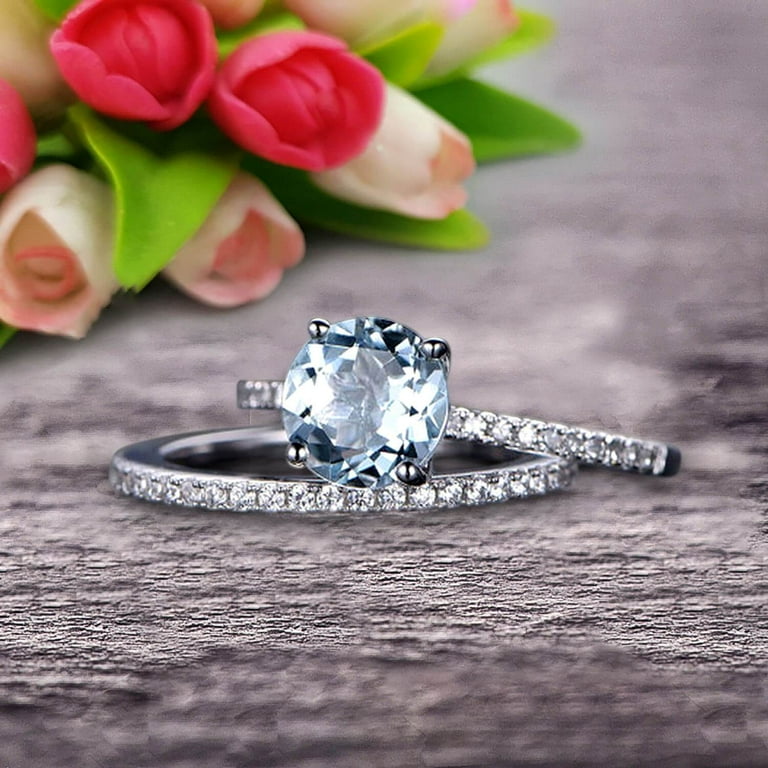 6mm Round Cut 2 Carat Stacking Matching Band Aquamarine Engagement Ring Bridal Set Anniversary Gift 10K White Gold Women s Size 7.0 Silver