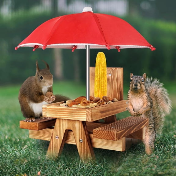 RYLZX Squirrel Feeder with Umbrella, Squirrel Feeders for Outside, Squirrel Picnic Table Feeder - Chipmunk Feeder Hold Corn, Corn Cob, Peanuts (Bright-Red)