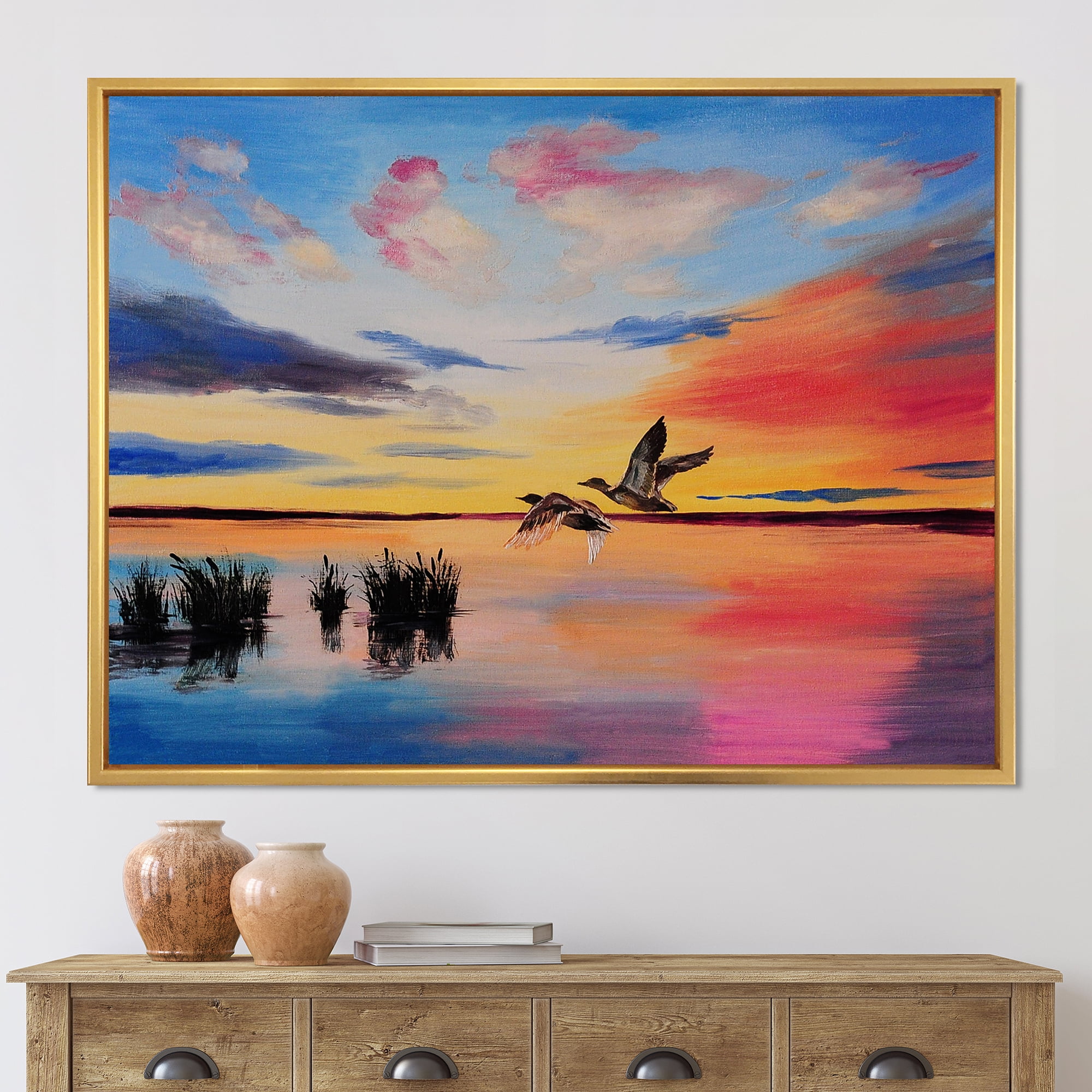 Crane Birds Flying During Colorful Sunset 32 in x 16 in Framed Painting Canvas Art Print, by Designart