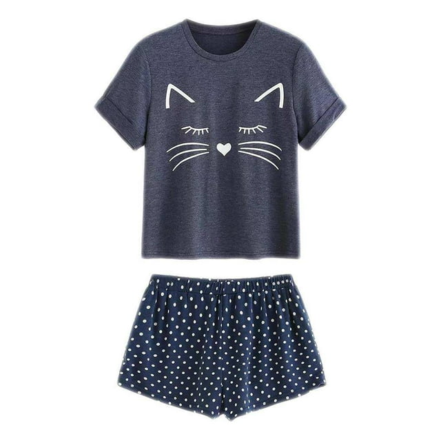 Ensemble de Vêtements de Nuit Décontractés pour Femmes Pyjama Ensemble Court à Col Rond Manches Cartoon Top Shorts