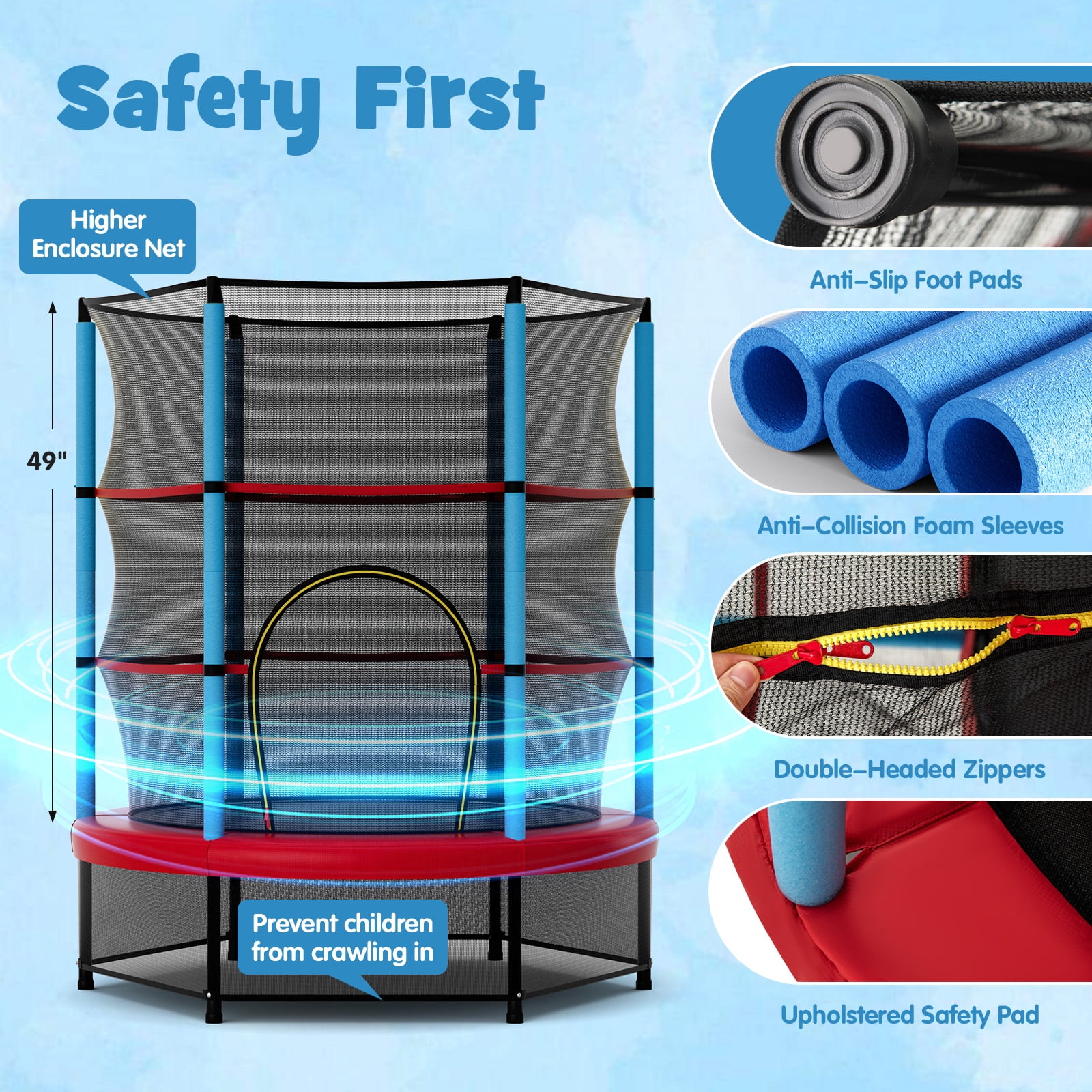 Gymax 55'' Mini Trampoline for Kids w/ Safety Enclosure Net & Seamless Design