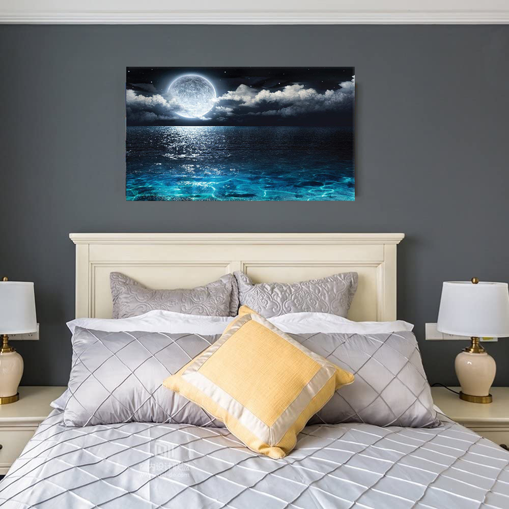 Moon Over Sea Canvas Wall Art Dark Blue Sea Painting Landscape Artwork Home  Decoration for Living Room Bedroom Office Framed Ready to Hang