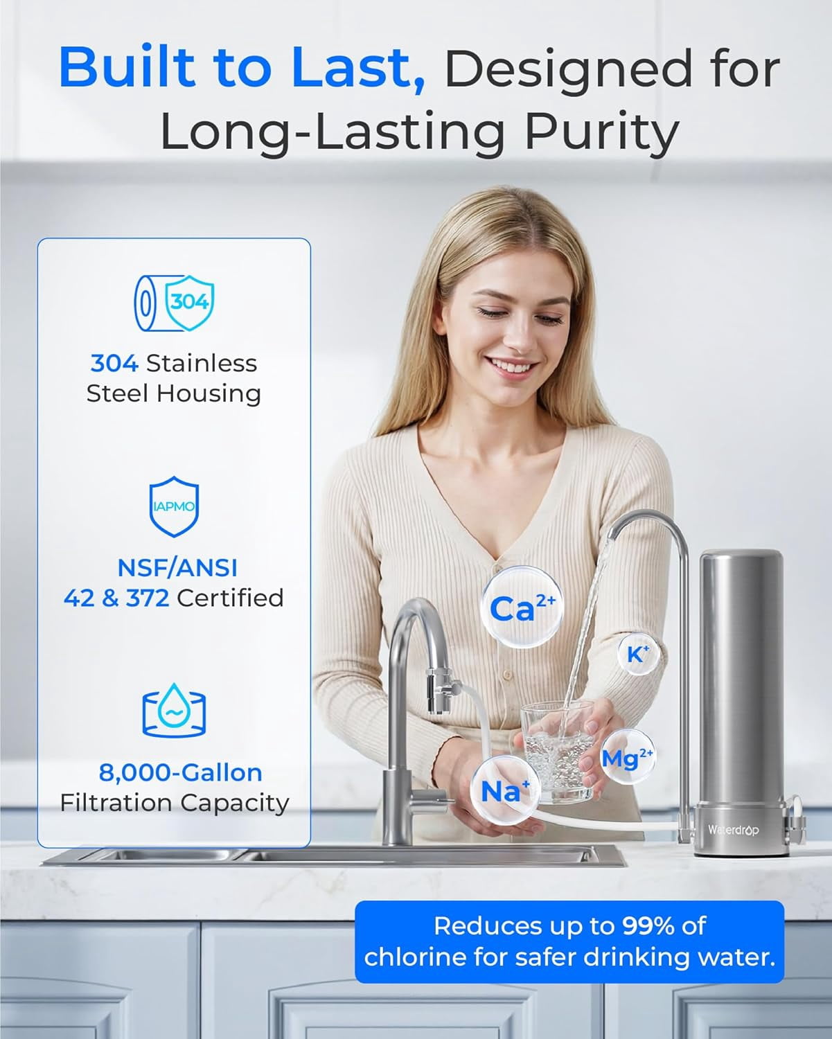 Waterdrop WD-CTF-01 Countertop Filtration System, 5-Stage Stainless Steel Countertop Filter, Long-Lasting Faucet Water Filter, Reduces 99% of Chlorine, Heavy Metals, Bad Taste (1 Filter Incl