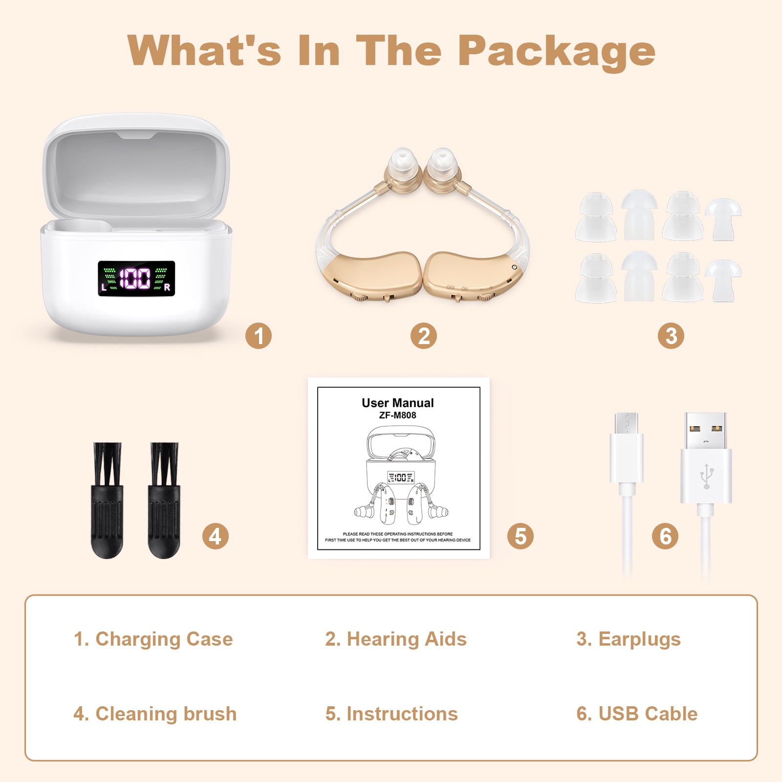 Hearing Aids for Seniors, Hearing Aids Rechargeable with Noise Cancelling and Volume Control, Hearing Amplifier for Adults Hearing Loss, Portable Behind-the-Ear Hearing Aid Headphones (Beige)