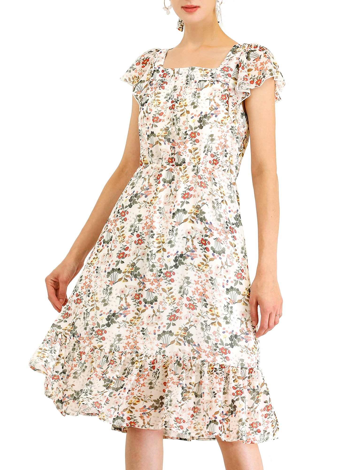 DARING DIVA Square Neck Flutter Sleeve A-Line Midi Dress XL White
