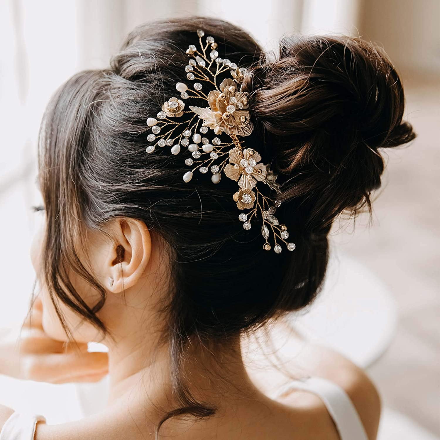 Women gold rhinestone pearl hair comb hair clip bridal wedding hair accessori Lp 