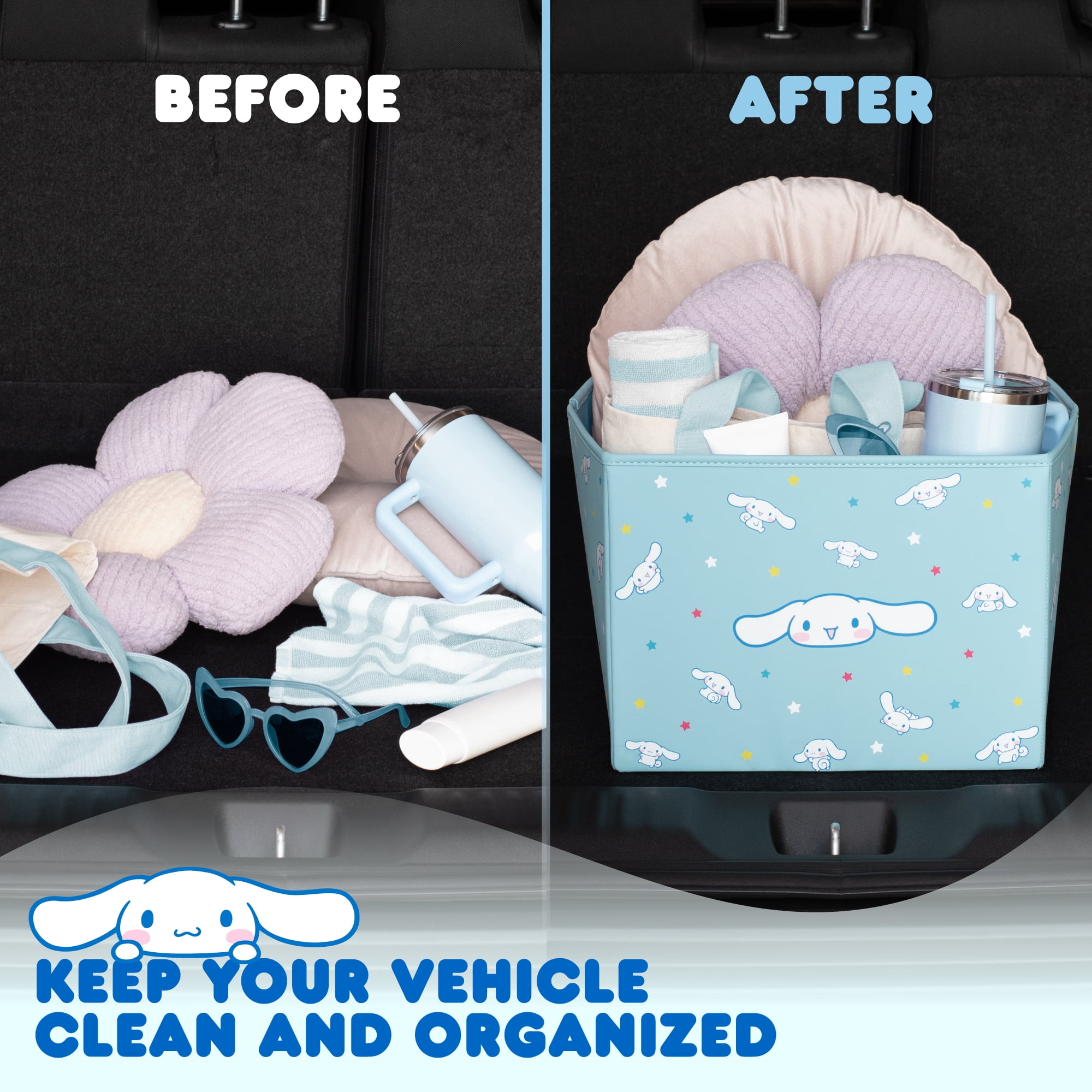 Sanrio Cinnamoroll Car Trunk Organizer and Storage Bin - Collapsible Simple Compartment Convenient Heavy Duty, Fold Up for Easy Storage Box, Automotive Seat Cargo Groceries Tools - 12.5L x 12.5W x 9H
