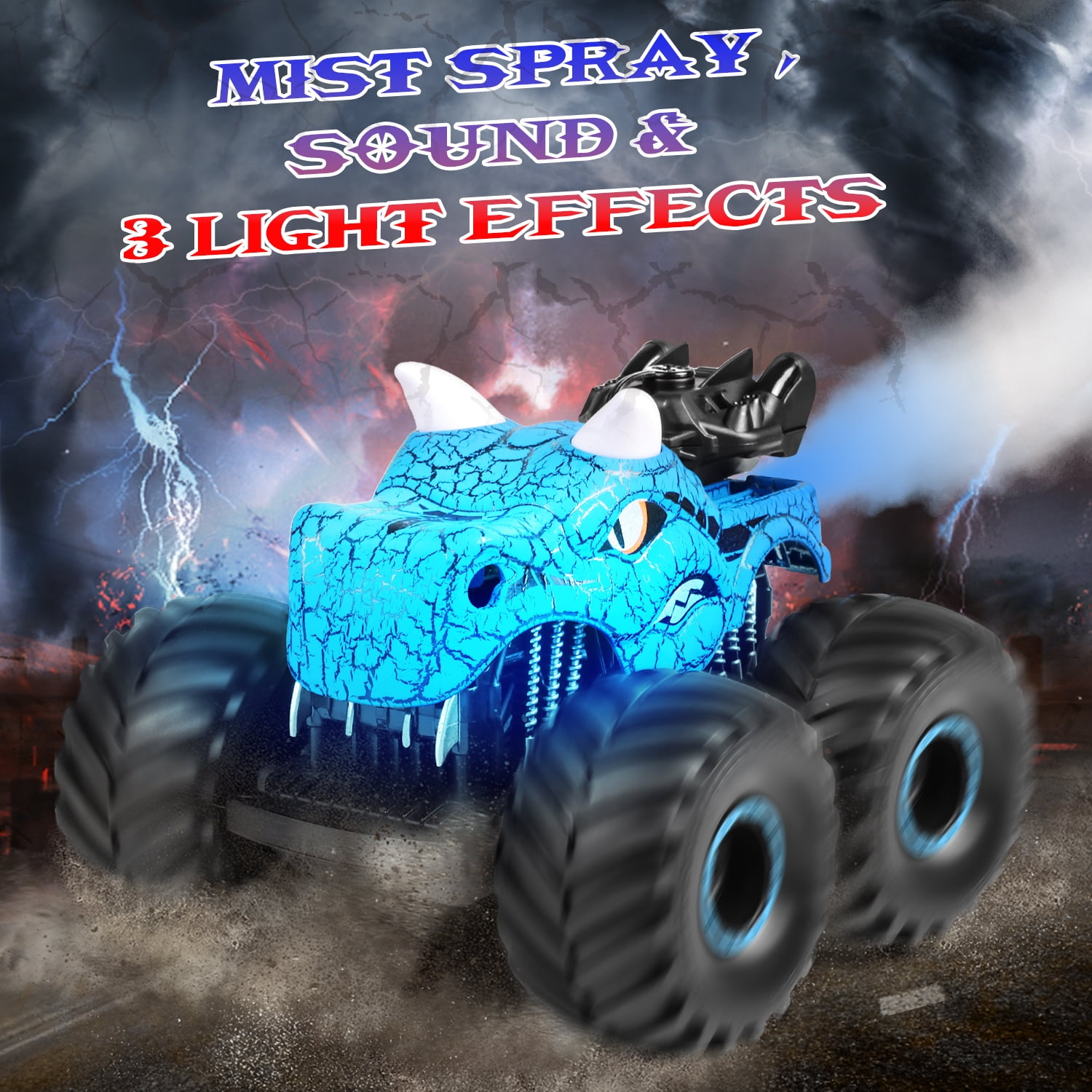 Huge Wave Dinosaur Remote Control Car, 2.4GHz RC Monster Trucks Toys with Spray, Light & Sound, All Terrain RC Cars Toys Christmas Birthday Gift,Blue