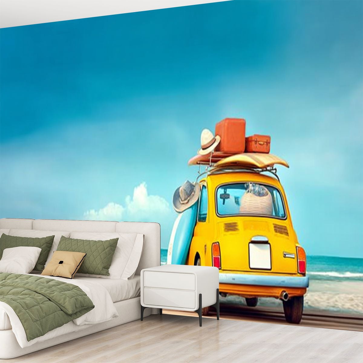 Peel and Stick Wallpaper Small retro car baggage luggage beach equipment roof fully packed Modern Art Wall Mural Decor Self Adhesive and Removable 69in x 98in