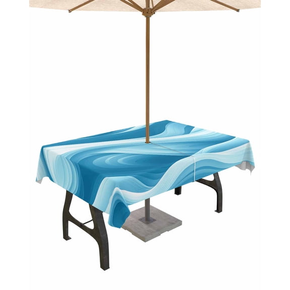 Outdoor Tablecloth with Umbrella Hole for Patio/Picnic/Party/Camping, Blue White Ombre Waterproof Table Cloth Rectangle Table Cover Washable, Modern Abstract Art Moire 60"x 102"