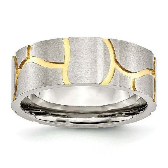 Stainless Steel Satin and Grooved Gold-Flashed Mens 8mm Band Ring - 7.6 Grams - Size 13