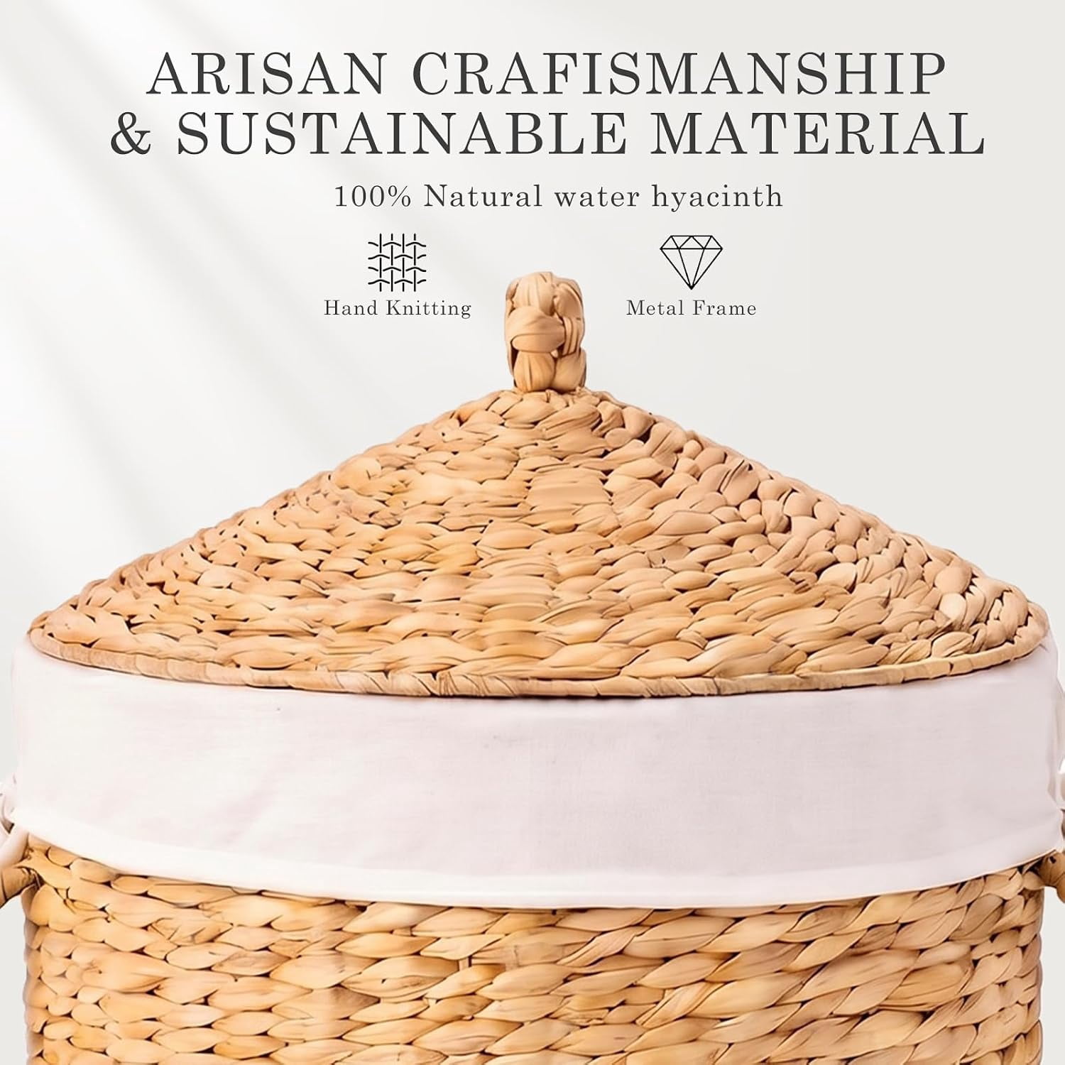 Round Laundry Hamper with Lid, Woven Natural Water Hyacinth, 17.52 in Diameter