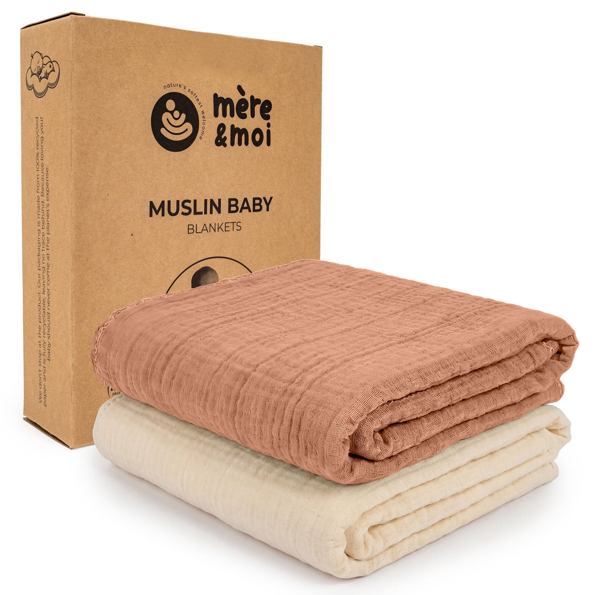 Mère & Moi: Muslin Baby Blanket – 2 Pack, Peach & Cream - 40x36", Double Layer Cotton Swaddle, Lightweight-Breathable, Oeko-TEX, Newborn-Toddler Wrap
