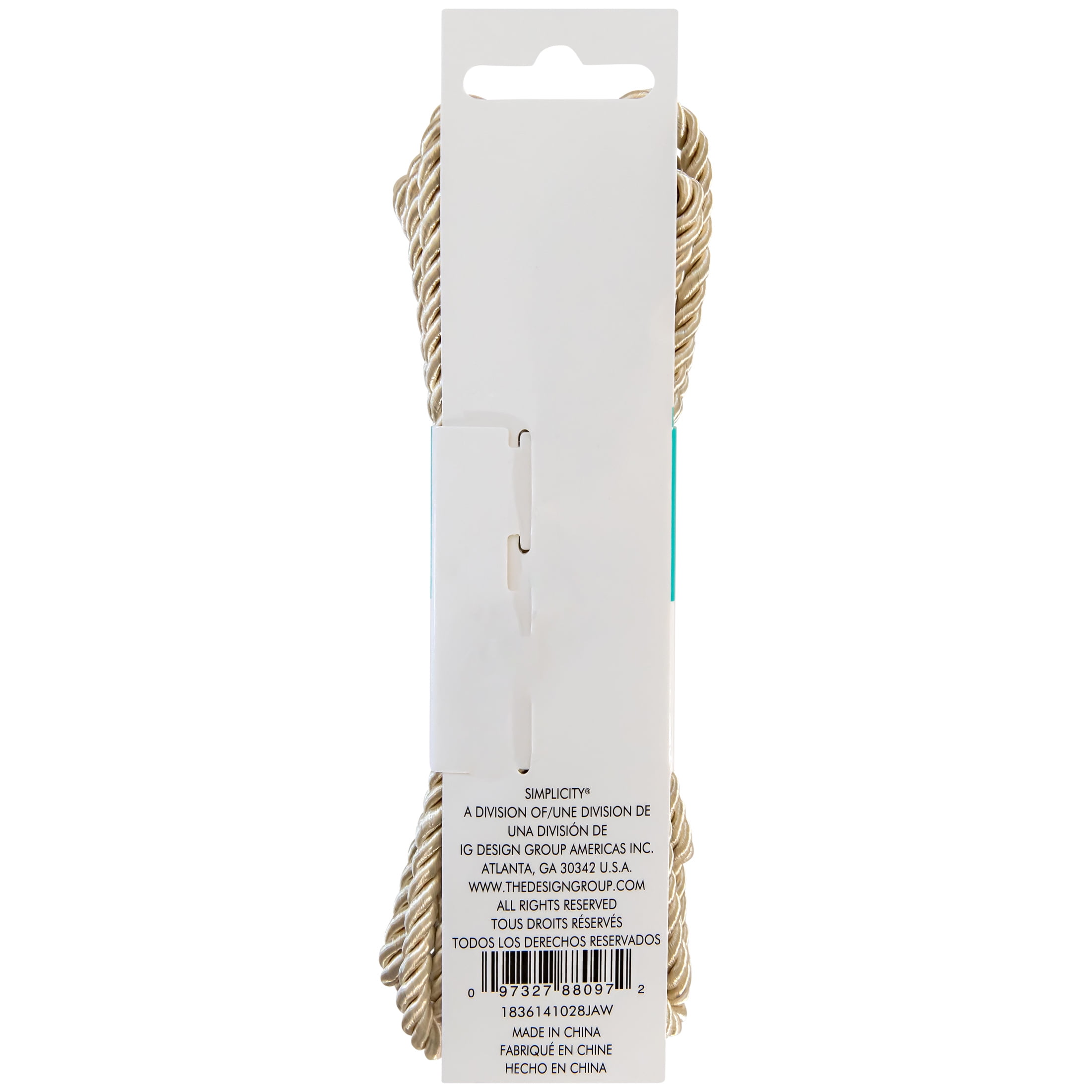 Simplicity Cream 3/16" Rayon Twist Cording Trim, 6 Yards