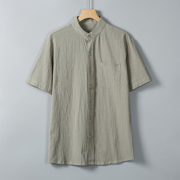 pstuiky Mangas cortas para hombre, Camisa informal de manga corta con cuello alto, bolsillos y botones de color liso para hombre ropa de hombre xxxl