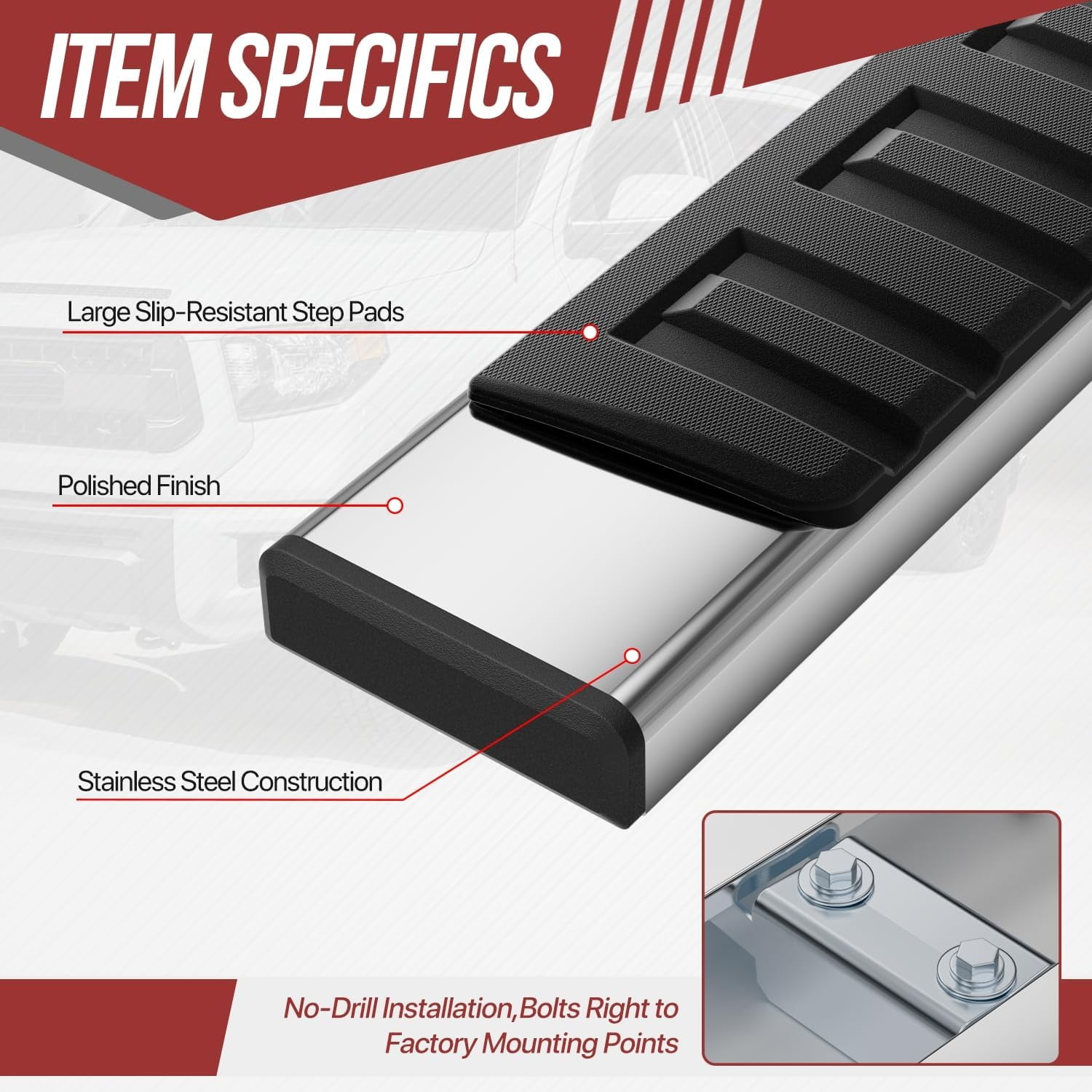 TPA Running Boards Side Step Nerf Bar Fit 2007-2018 Chevy Silverado/GMC Sierra 1500, 2007-2019 2500HD 3500HD Crew Cab 6 inch Mirror Stainless Steel