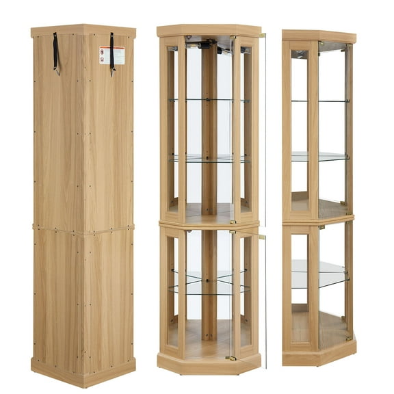 S-HOME Lighted Corner Curio Cabinet in Oak - 69.84" Tall Display Case for Living Room and Collectibles Storage