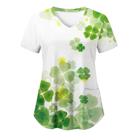 

OZUJIE St Patrick s Day Scrub Tops Women Printed V-Neck Casual Short Sleeve Printed Pockets Ladies Tops Blouse White S