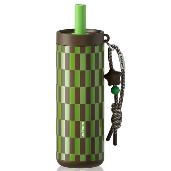 Sidagar 24 oz Ceramic Lined Insulated Water Bottle with Straw and Carry Strap, Green Brown Checker