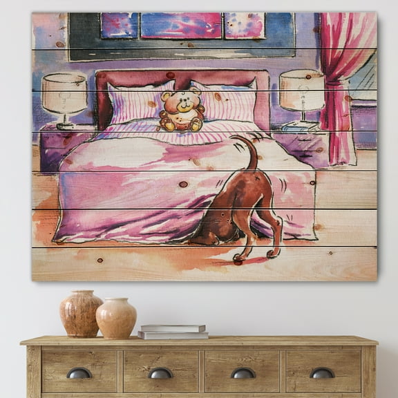 Designart 'Brown Dog Looking Under the Bed and Teddy Bear' Farmhouse Print on Natural Pine Wood