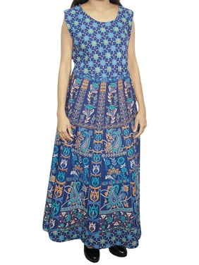 Mogul Women Cotton Maxi Dress Printed Sleeveless Bohemian Chic Long Dresses L