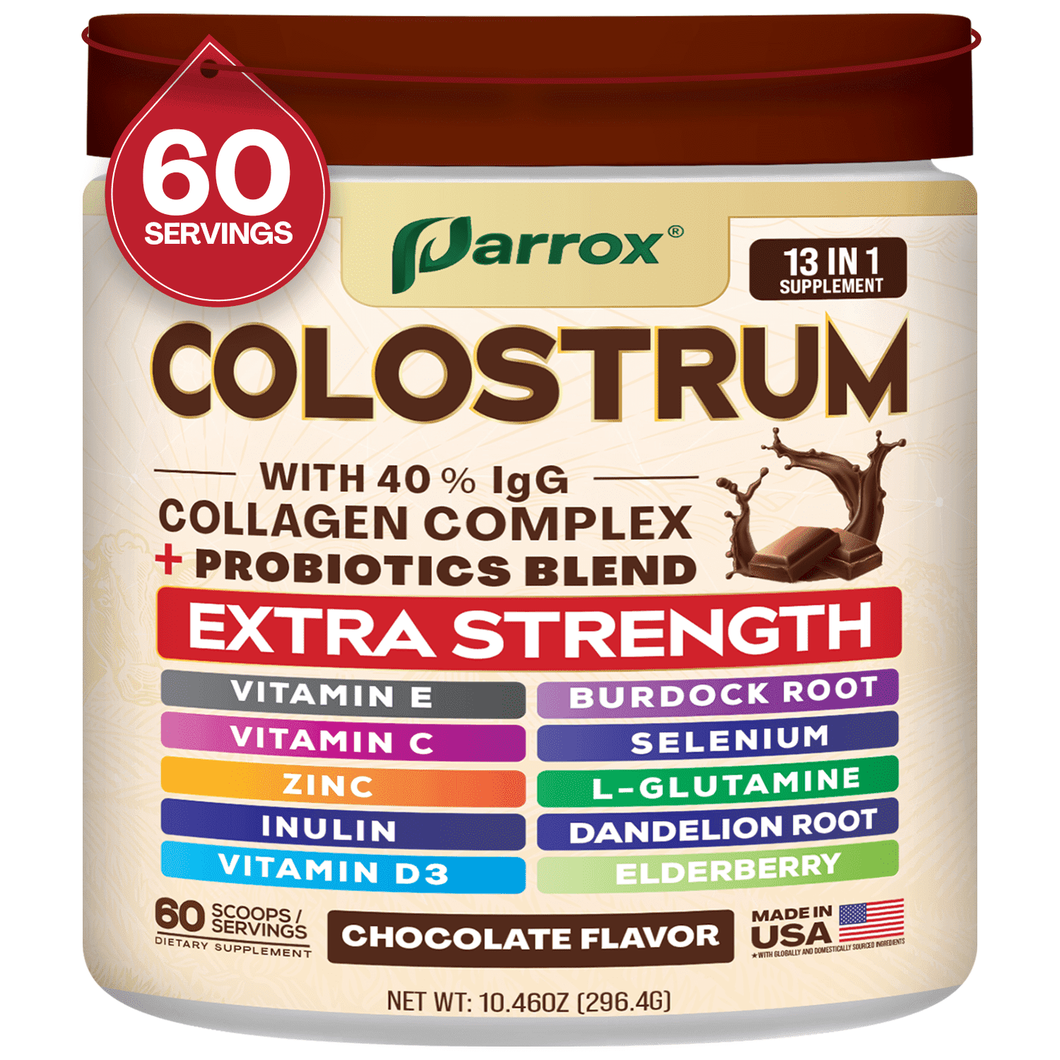 Parrox Colostrum Powder with 40% IgG, Collagen, Probiotics, Burdock Root, L-Glutamine, Elderberry, Vitamin C, Vitamin E, Vitamin D3, Inulin, Selenium, Dandelion Root, Zinc, 60 Servings (Chocolate)