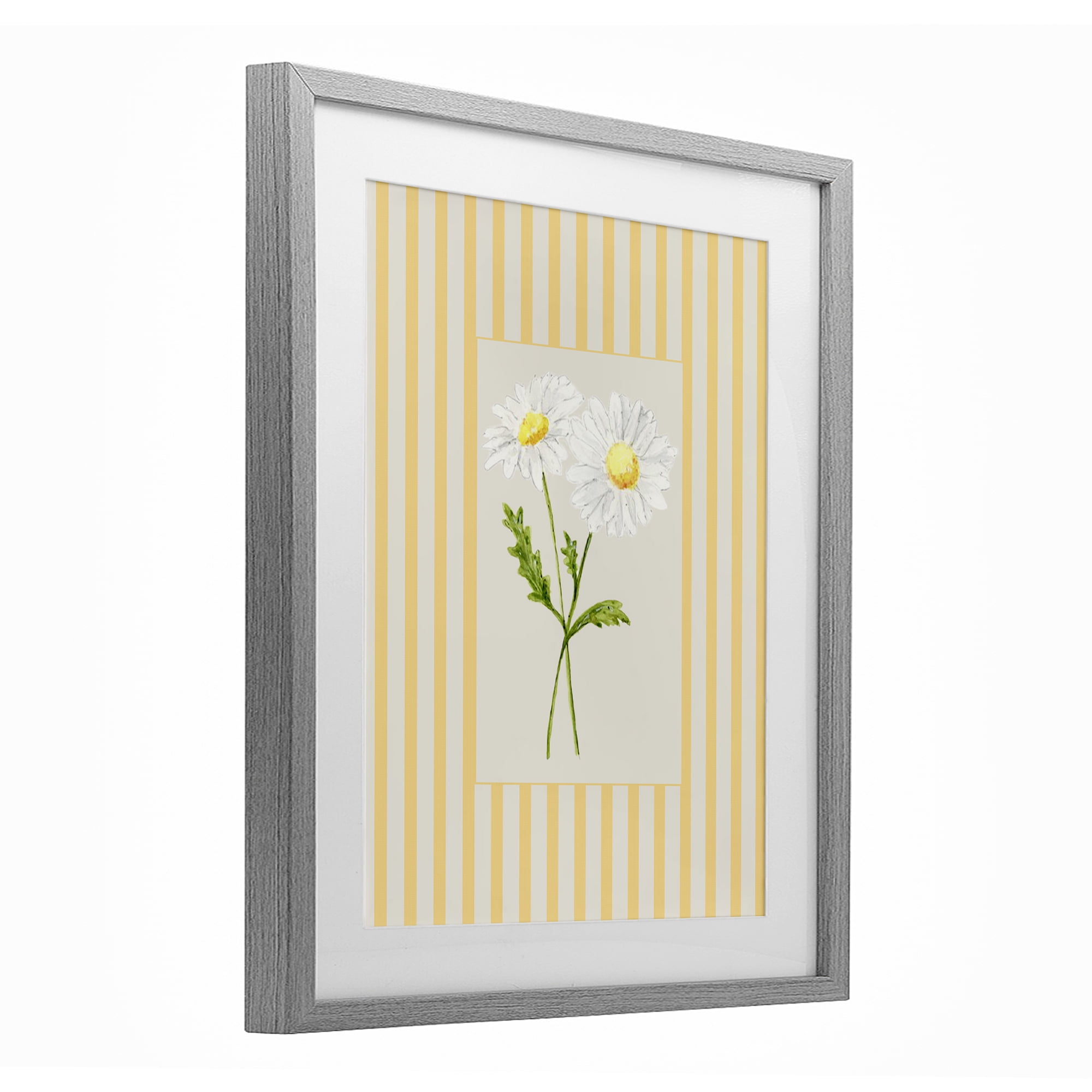 Yellow Stripe Daisy Gray Framed Print Under Glass, design by Lisa Wehmeyer
