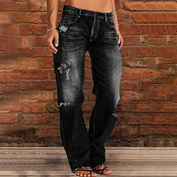Elvqul Jeans for Women Black Loose Fit Patchwork Pants Straight Leg Trendy Womens Jeans