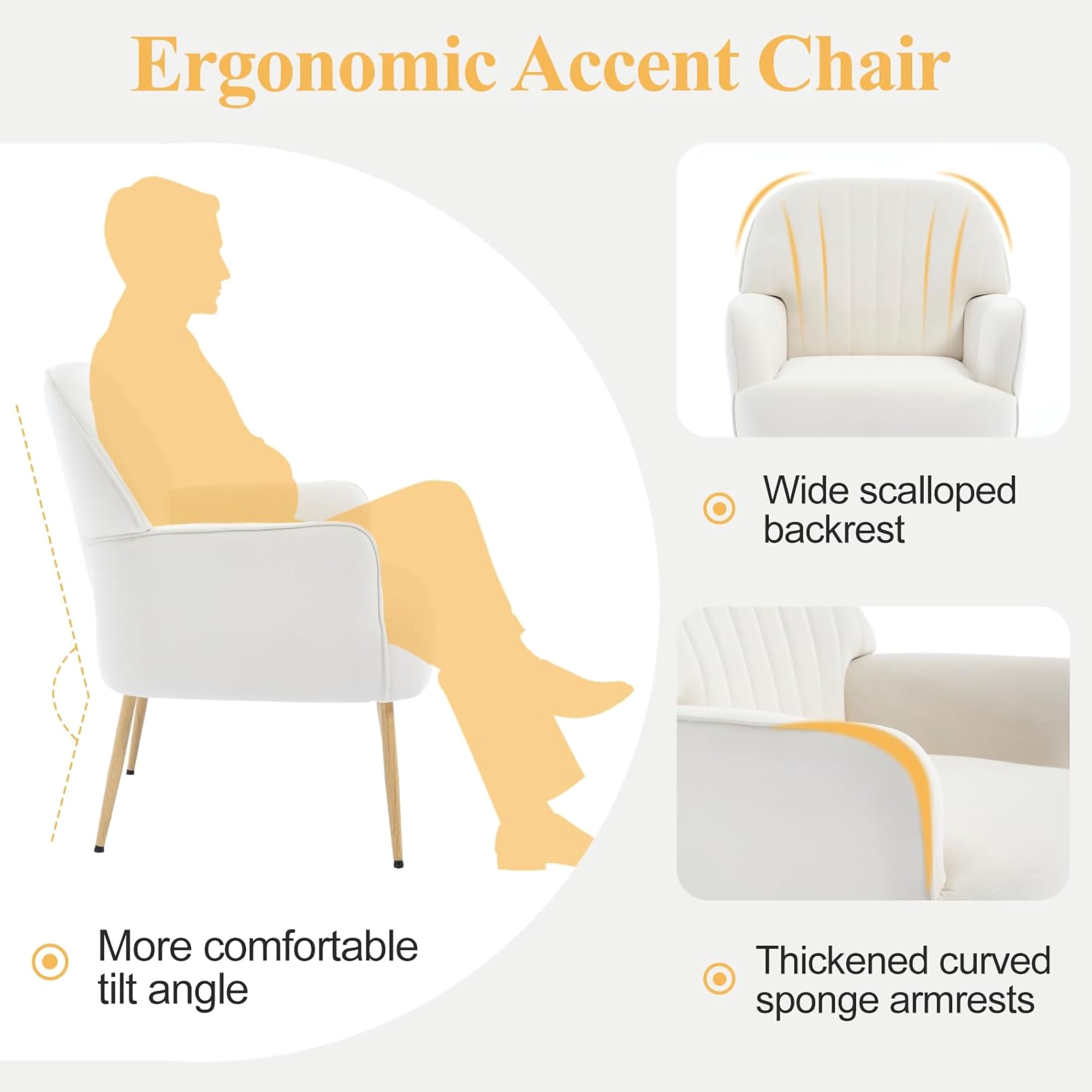 Mintazer Velvet Accent Chair with Shell-Shaped Backrest, Modern Upholstered Armchair with Metal Legs for Living Room & Bedroom, Beige