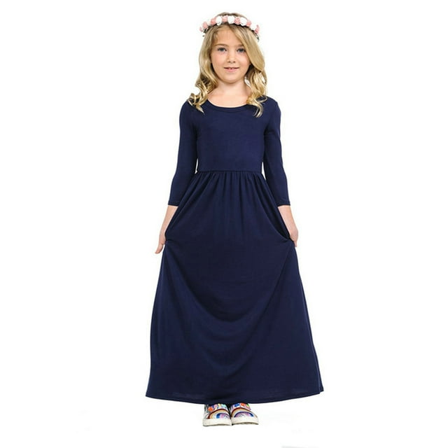 WEAIXIMIUNG Robes Mignonnes pour Adolescentes Été Enfants Robe au-Dessus du Genou Manches Longues Robe Longue Unie