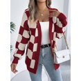thumbnail image 5 of Women'S Autumn and Winter Contrast Color Plaid Lantern Sleeve Cardigan Sweater Mid-Length Coat Wine Red S, 5 of 9