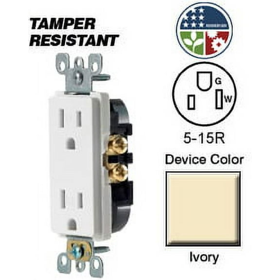 Leviton T5325-SI Decora Duplex Receptacle Tamper-Resistant Residential Grade 5-15R 15A 125V - Ivory