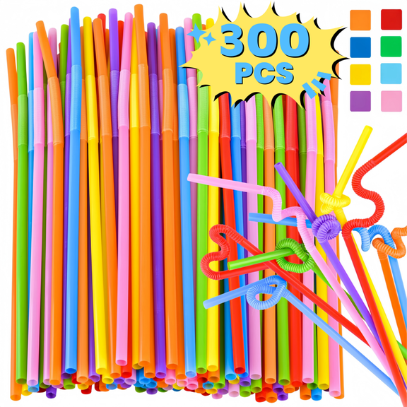 ChrumpTon 300Pcs Bendable Plastic Straws, 10.24" Extra Long Colorful Disposable Drinking Straws, Flexible Bendy Straws for Juice, Smoothies, Milk & Party Drinks
