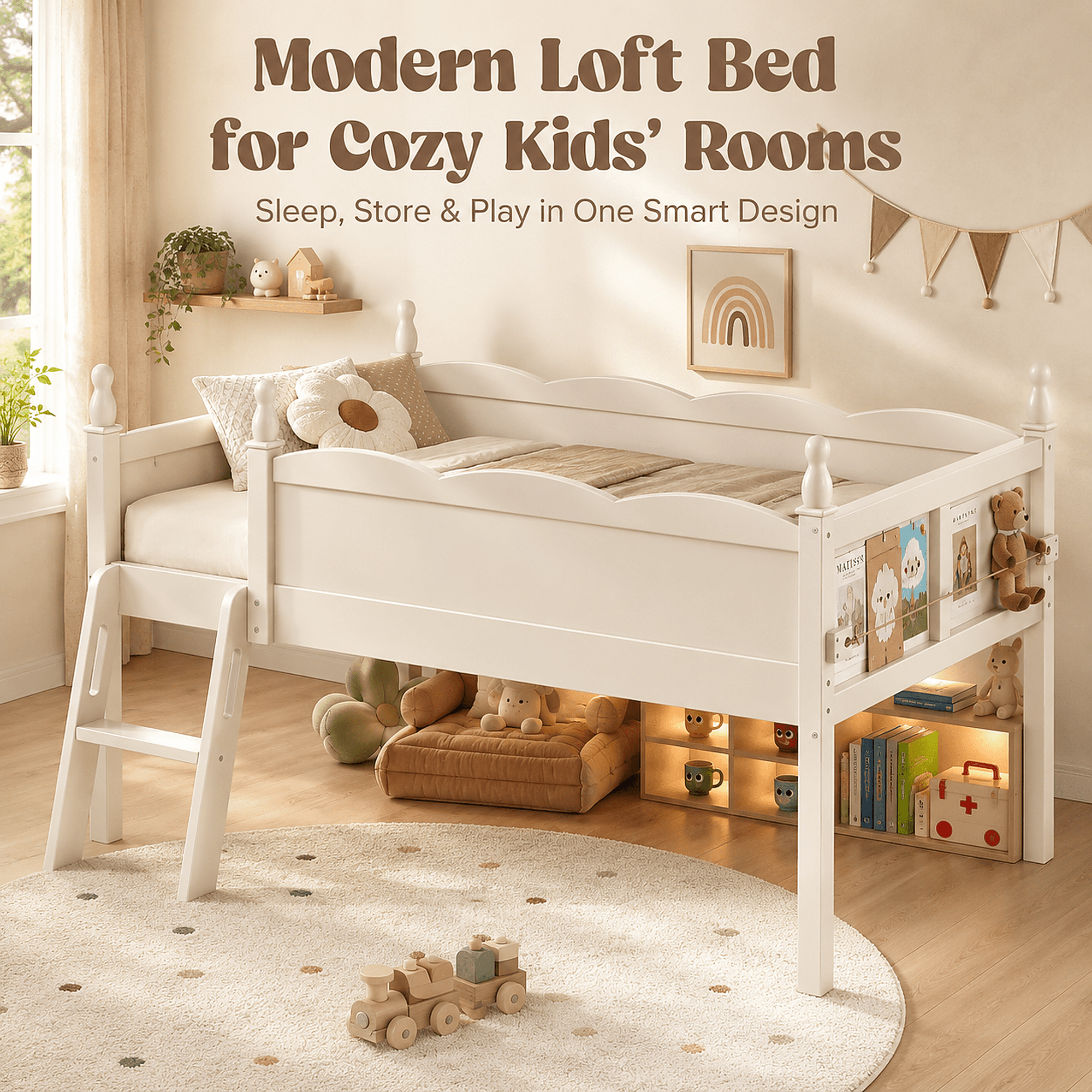 Miniyam Twin Low Loft Bed with Bookshelf and Guardrails, Wood Kids Bed for Bedroom, White