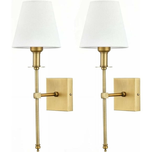 Dutchman Wireless Wall Sconces Set Classic Antique Brass Gold Finish White Fabric Shades Battery Operated Indoor Decor