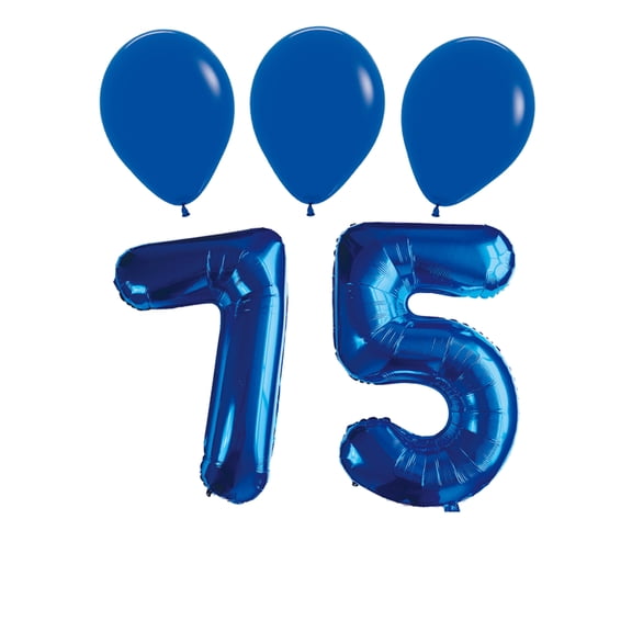 Number 75 Blue Balloon 32 Inch Foil Mylar Birthday Milestone 3 Matching Blue Latex Balloons