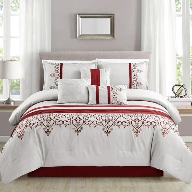 JML Cal King Size Comforter Set 7 piece, Red & Grey, Embroidered Floral