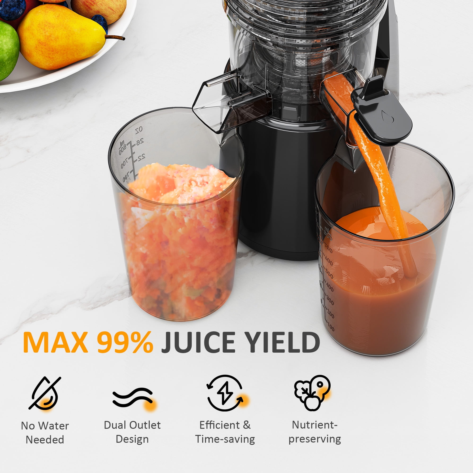 May in Color Slow Cold Press Juicer 5.9" Wide Feed Chute Masticating Juice Extractor - Black