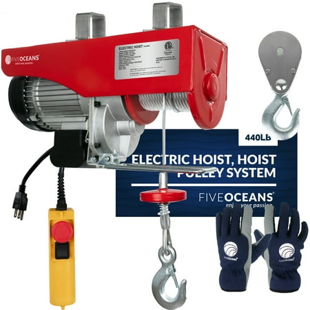 

Five Oceans Electric Hoist Hoist Pulley System Pulley Hoist 440 Lb Electric Winch 20FT Remote Control 120 V Includes Working Gloves for Garage Factory Lifting Emergency Stop Button - FO3780-C1