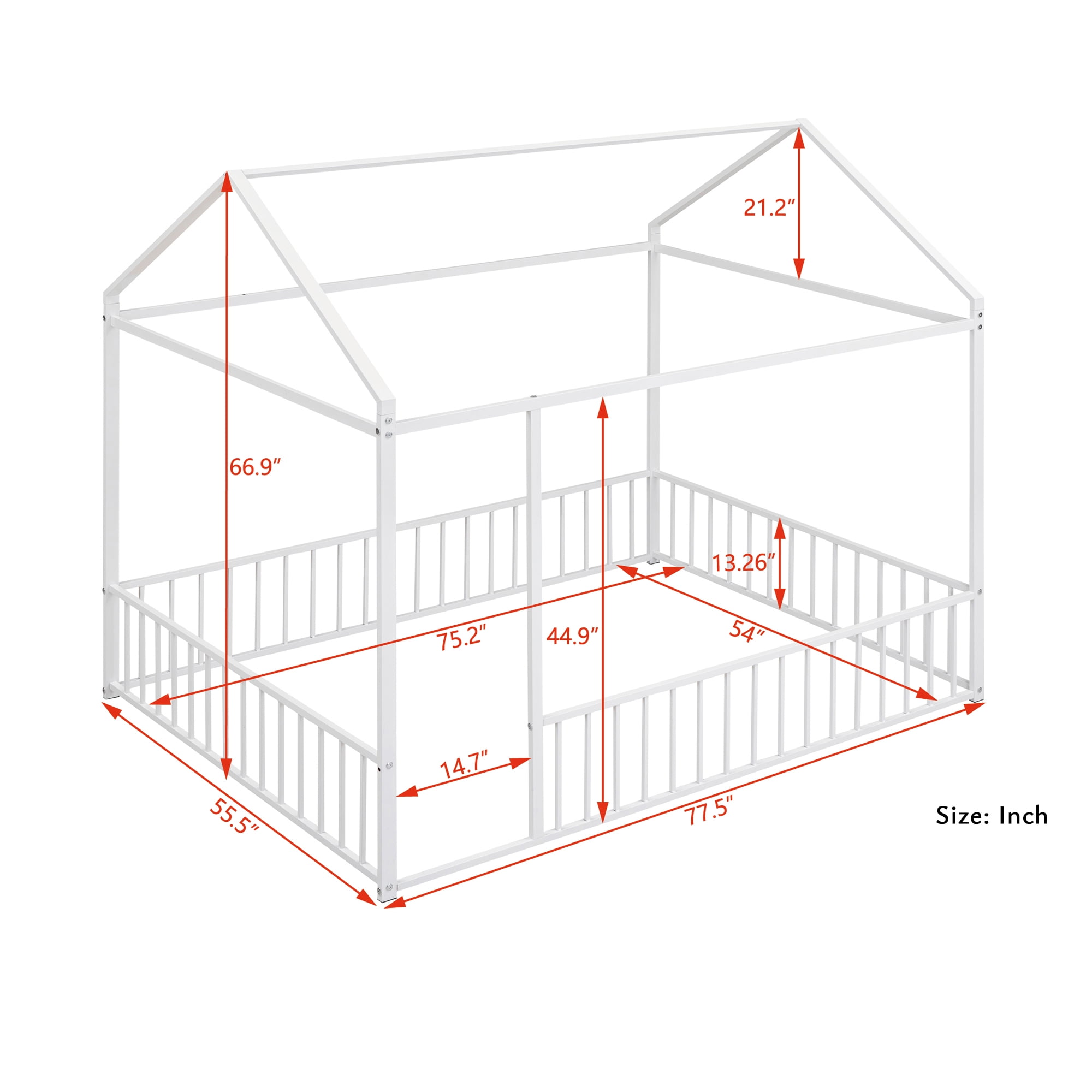 Full Size Metal House Bed Frame with Rails, Montessori Floor Bed without Slats (White)