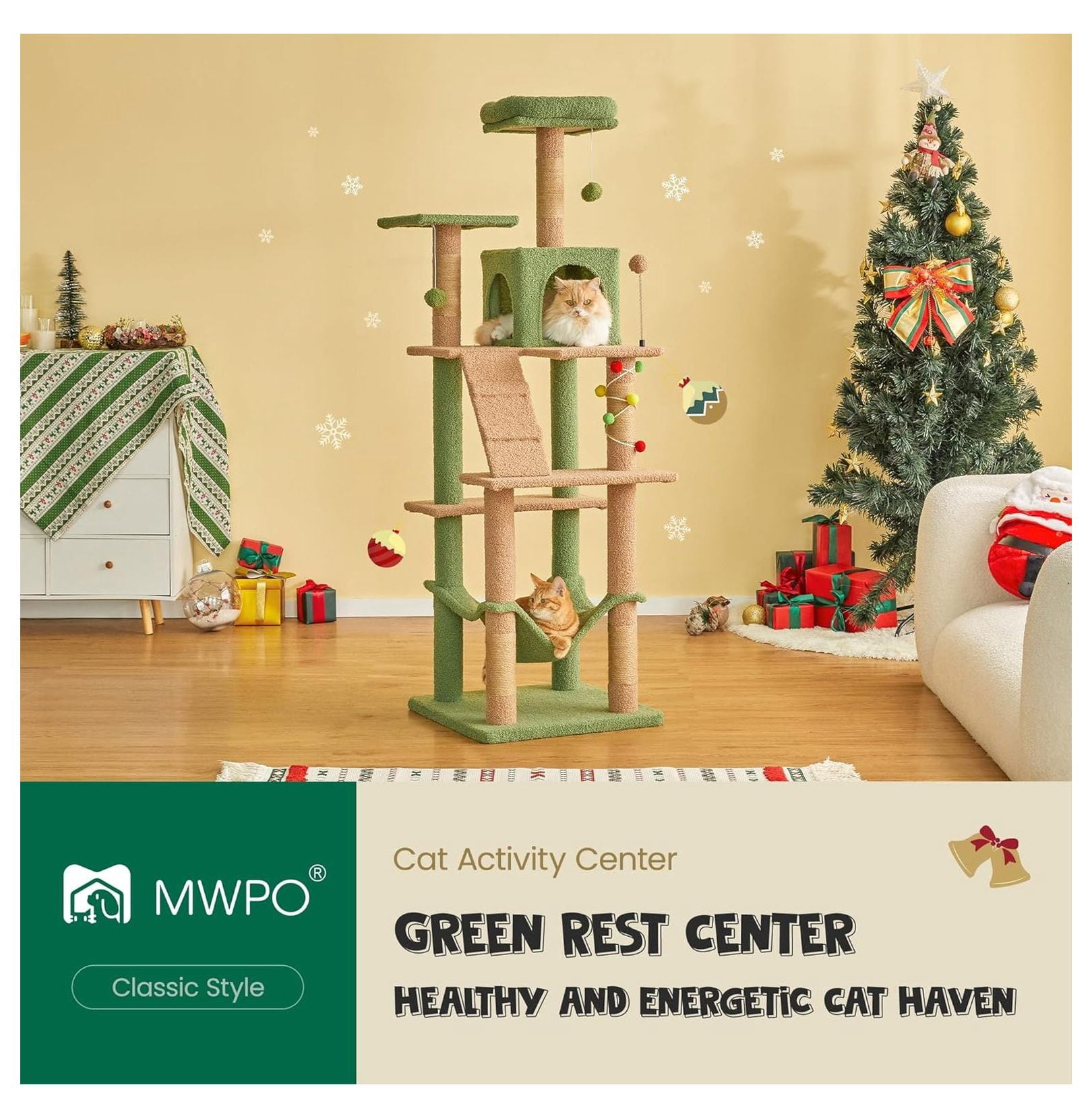 Cat Tree 63.8 Inches Green, Multi-Level Cat Tower with Scratching Posts, Hammock & Toys