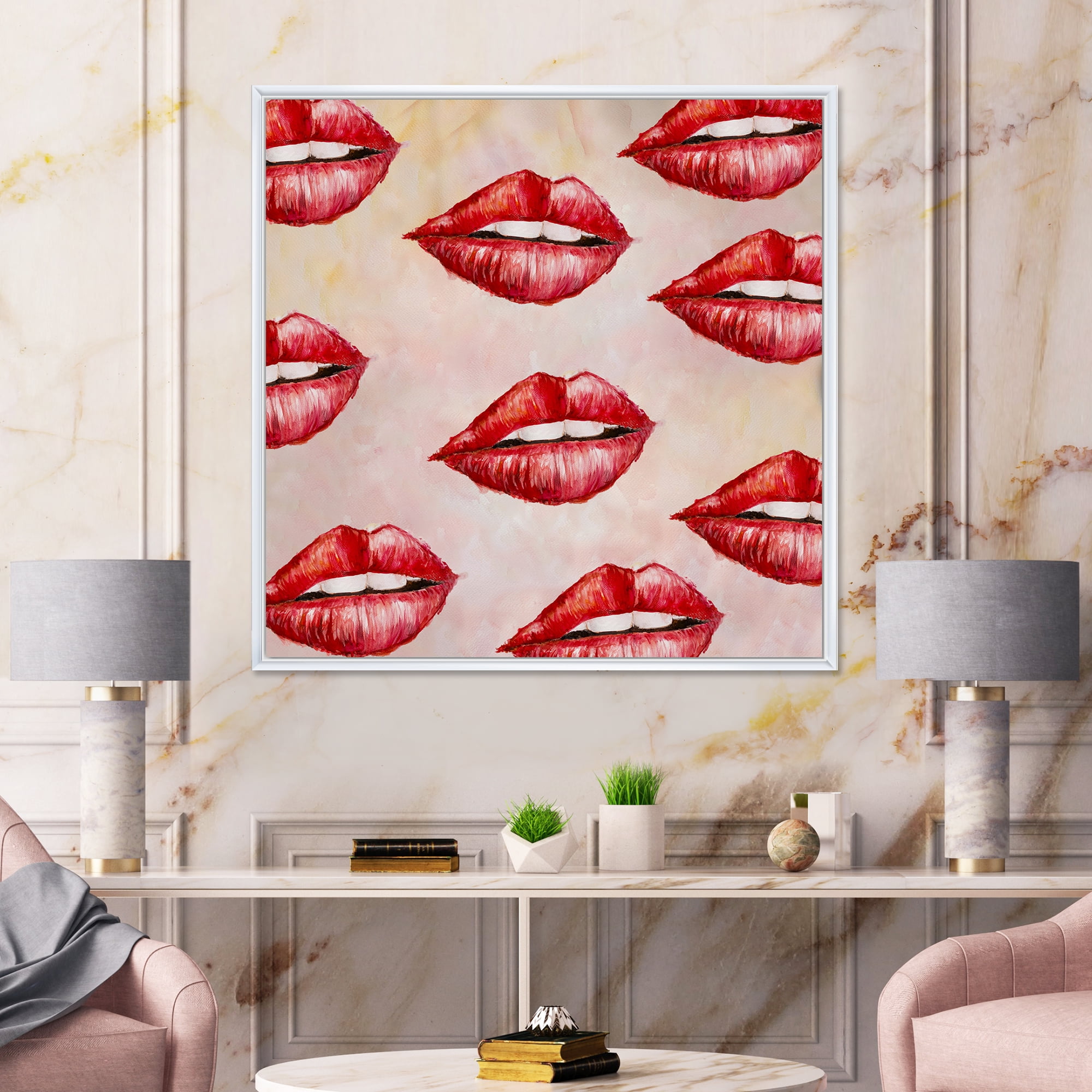 Designart 'Red Girl Lips Pattern' Modern Framed Canvas Wall Art Print