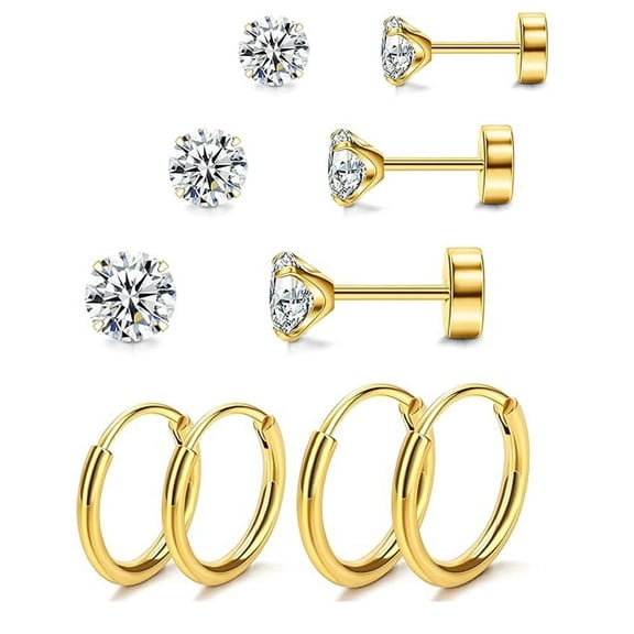 Nmkwnr 5 Pairs Lightweight Small Hoop Earrings 316L Stainless Steel Earring Flat Back Cubic Zirconia Stud Earring for Women Men, Gold