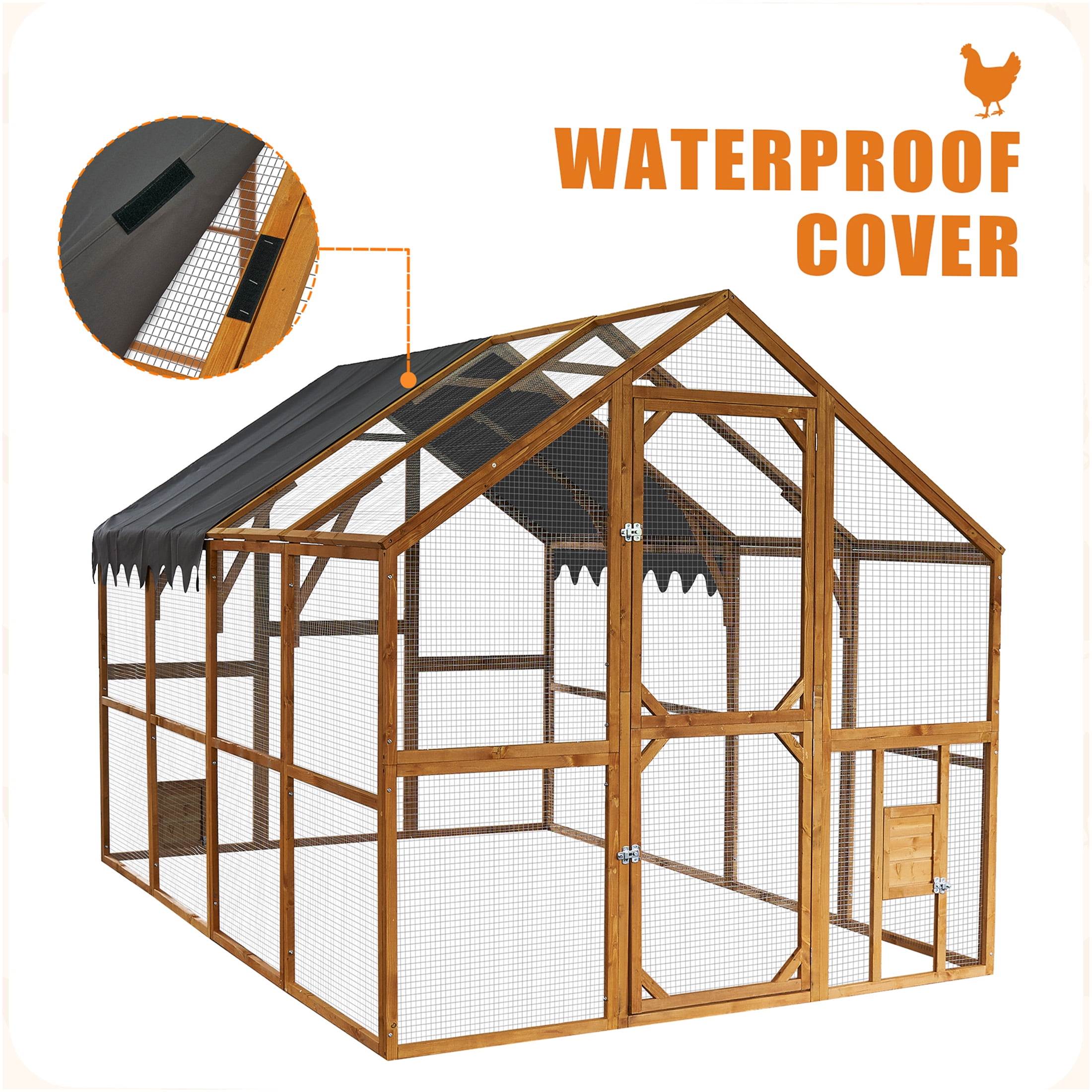 JERFIT 110" Large Outdoor Wooden Chicken Coop with Waterproof Roof, Yellow Cat Enclosure Playpen for Cats and Small Pets